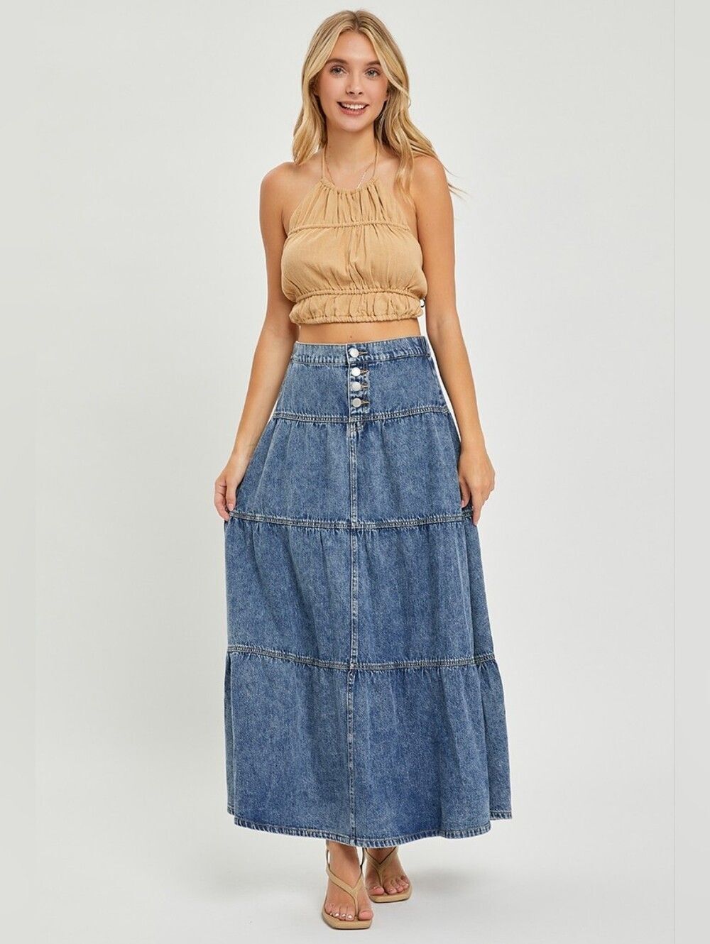 RISEN High Rise Ruffle Long Skirts Tiered Maxi Denim Skirt - Blue - Small 2-4